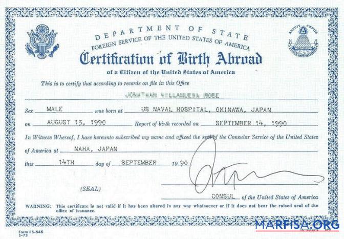 Realistic United States Department of State Foreign Service of USA birth certificate example